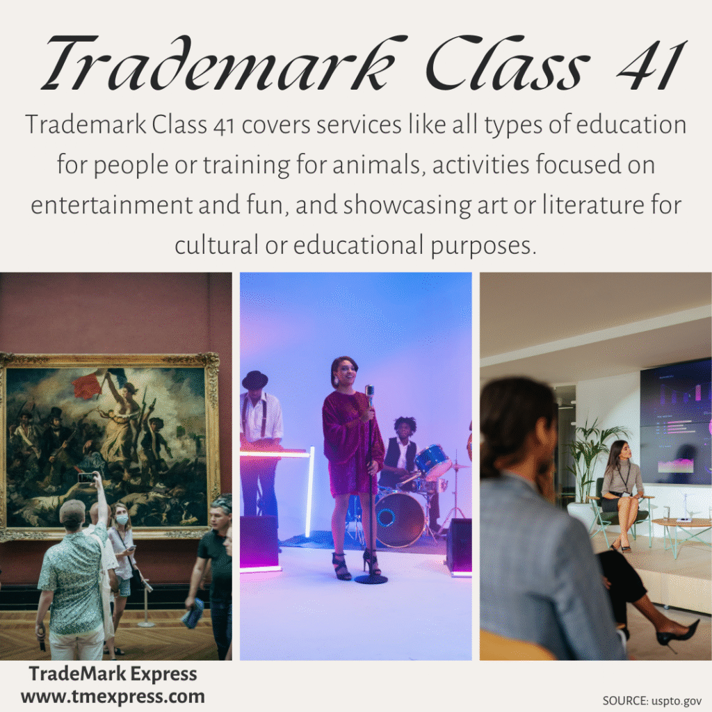 Trademark Class 41 Definition: Covers a wide range of services related to education, training, entertainment, and cultural experiences