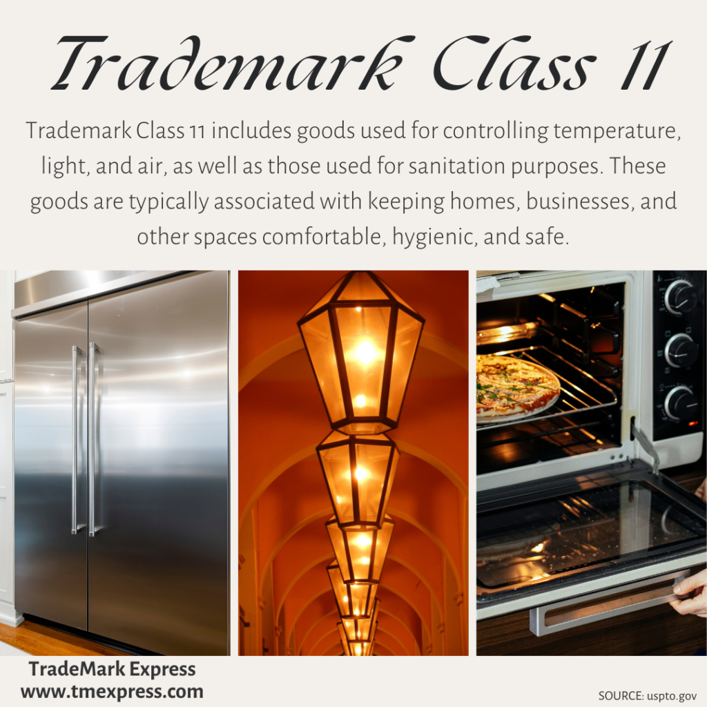 trademark class 11 definition: trademark class 11 includes goods used for controlling temperature, light, and air, as well as those used for sanitation purposes.