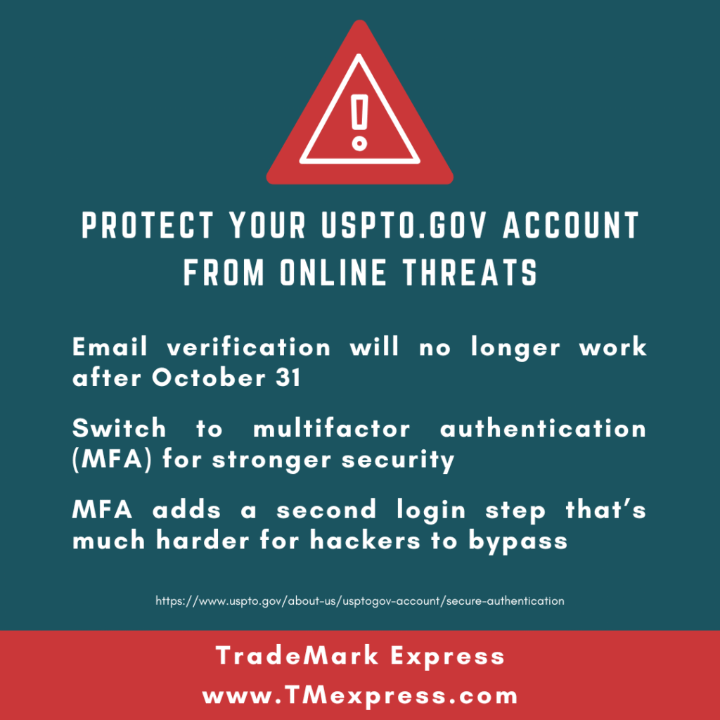 Text graphic urging USPTO.gov account holders to switch from email verification to multifactor authentication (MFA) by October 31 for stronger security against hacking attempts