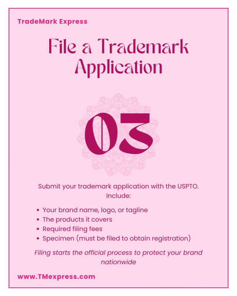 submitting a trademark application for a cosmetics brand with details on name, logo, products, and fees