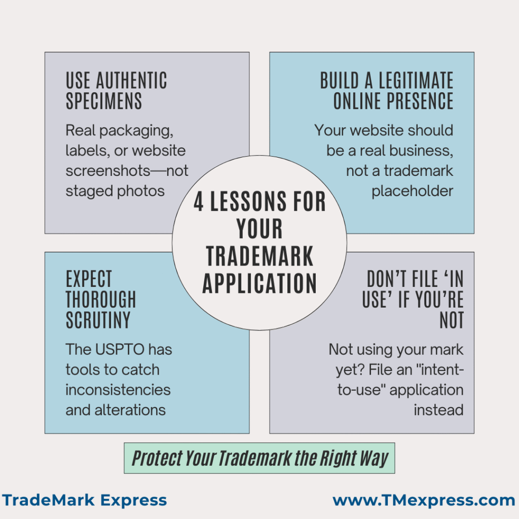 Infographic listing four lessons for trademark applications: use authentic specimens, maintain legitimate online presence, expect USPTO scrutiny, and file intent-to-use applications if not yet in commerce