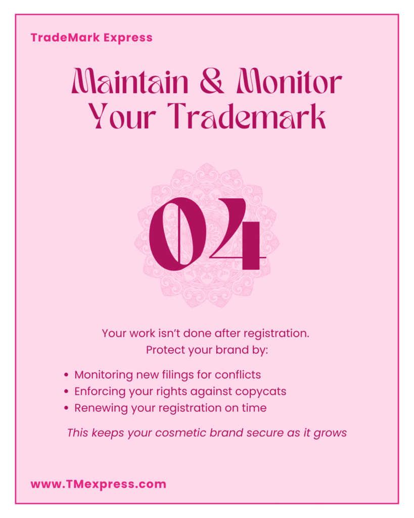 Ongoing protection of a cosmetic brand trademark through monitoring, enforcement, and renewal