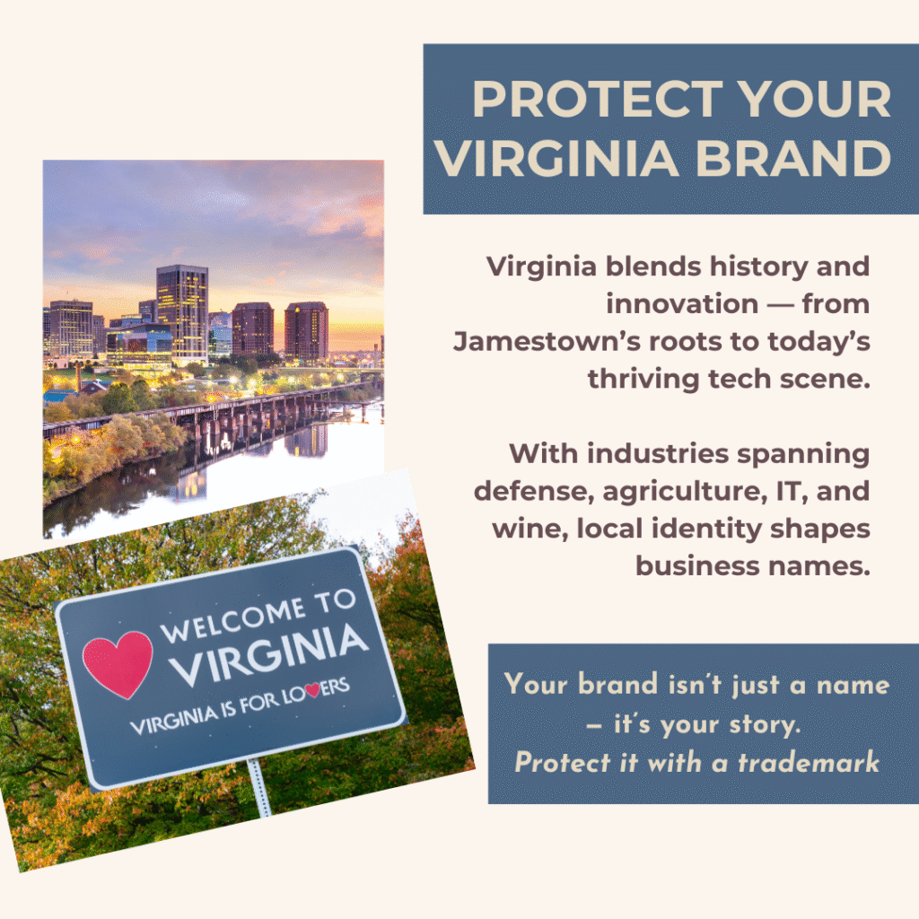 Graphic with text highlighting Virginia’s unique mix of history, tech, and diverse industries, emphasizing the importance of protecting local brand identity with trademarks