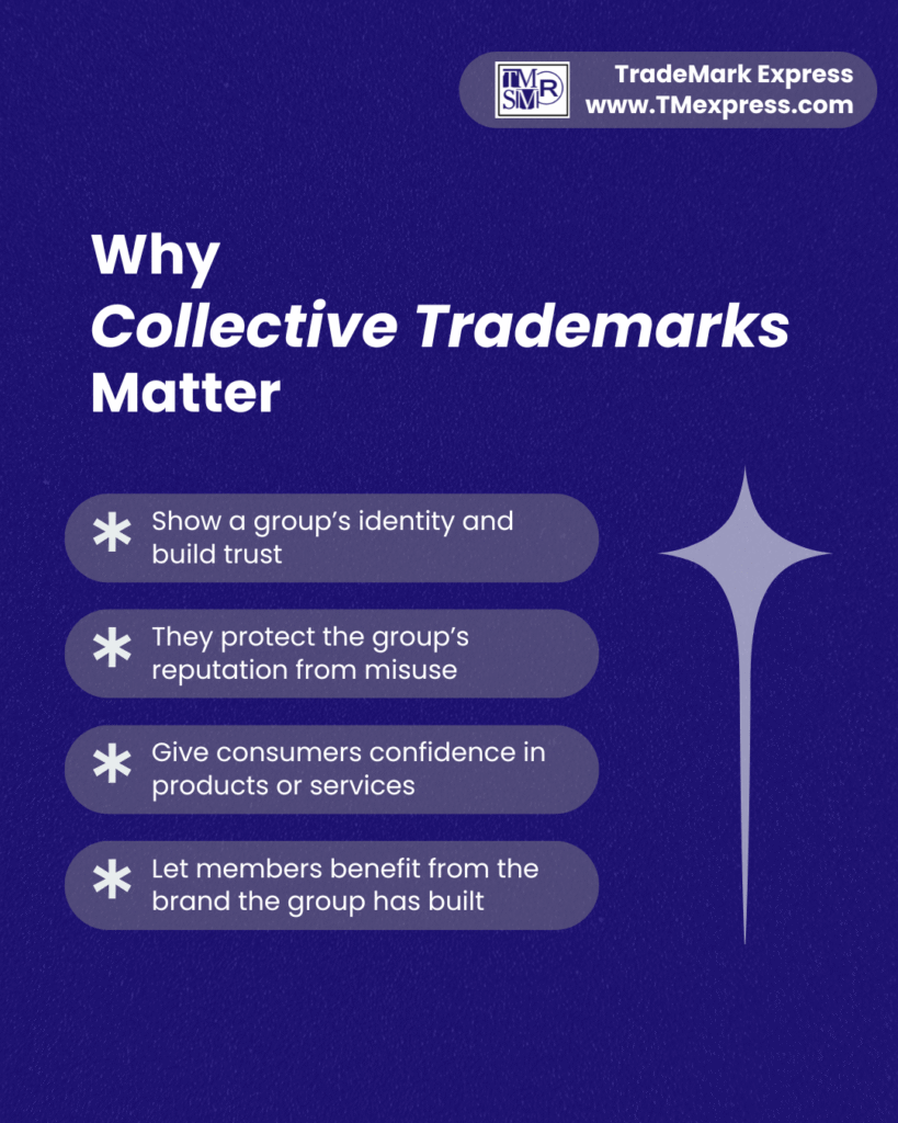 Graphic explaining why collective trademarks matter: highlighting group identity, protecting reputation, building consumer trust, and strengthening members’ brands