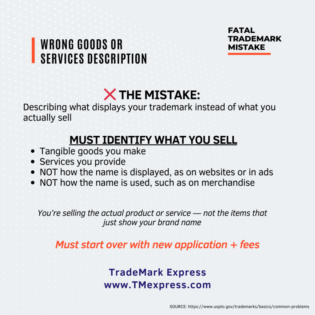 Graphic explaining the fatal trademark application mistake of describing what displays your trademark rather than the actual goods or services you sell under that trademark