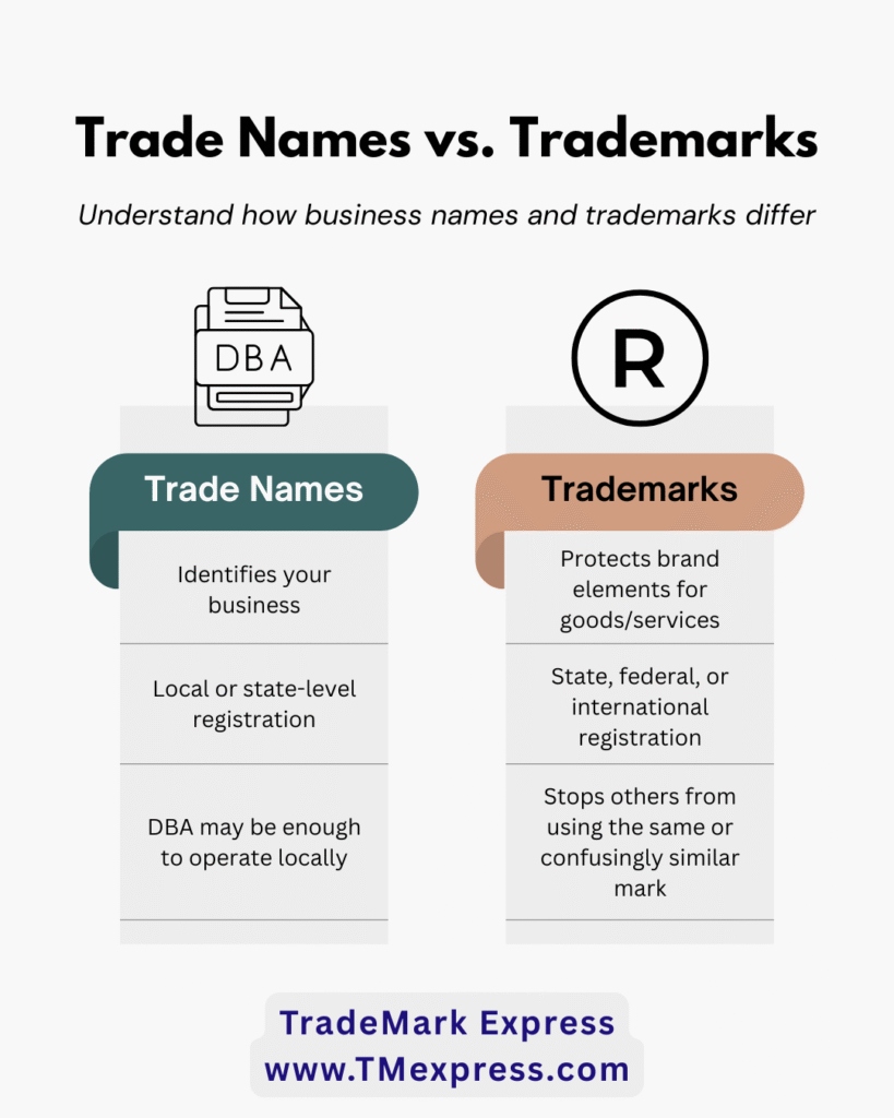 Side-by-side infographic comparing trade names and trademarks, showing differences in protection, registration, and usage