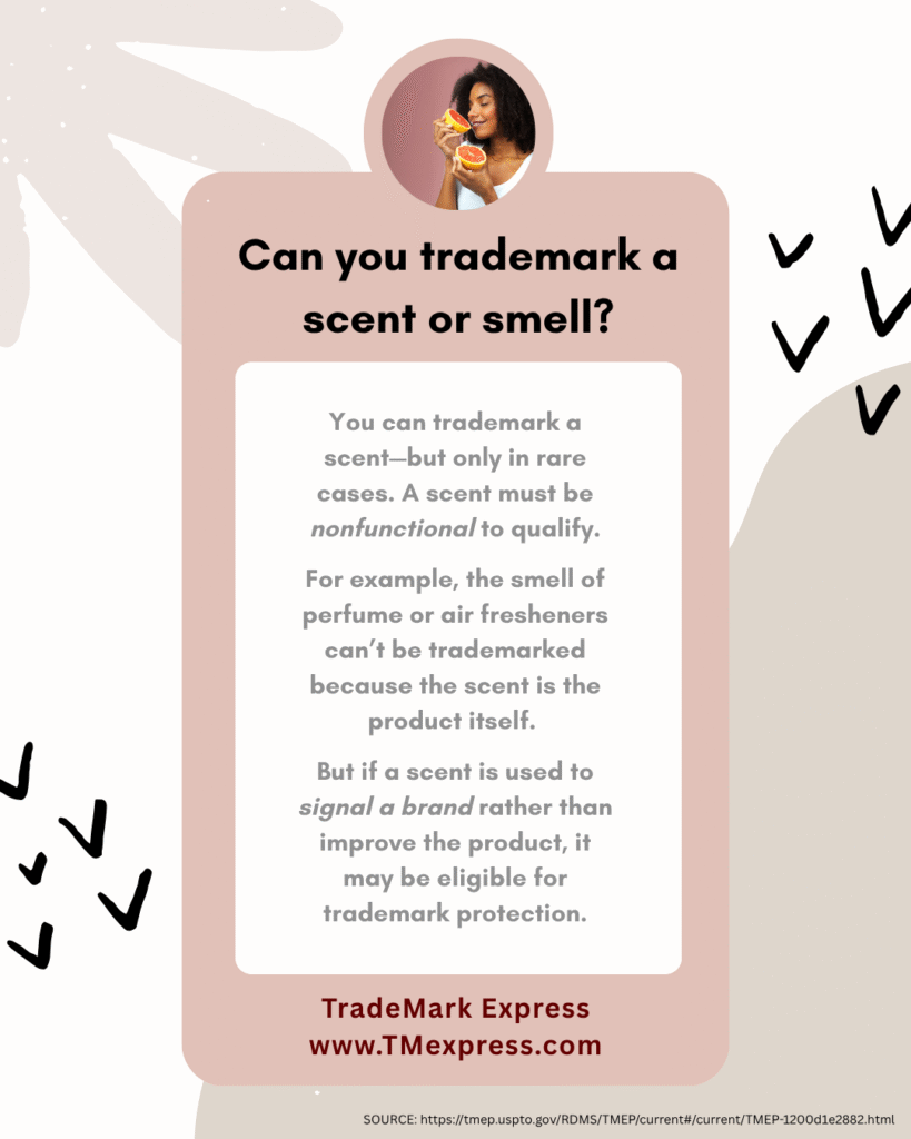 Illustration explaining that scents can be trademarked only if they identify a brand and are not part of the product’s function.