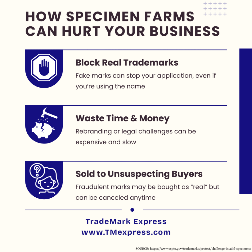 Graphic showing how specimen farm trademarks block real trademarks, cost time and money, and can be sold to buyers who think they’re valid