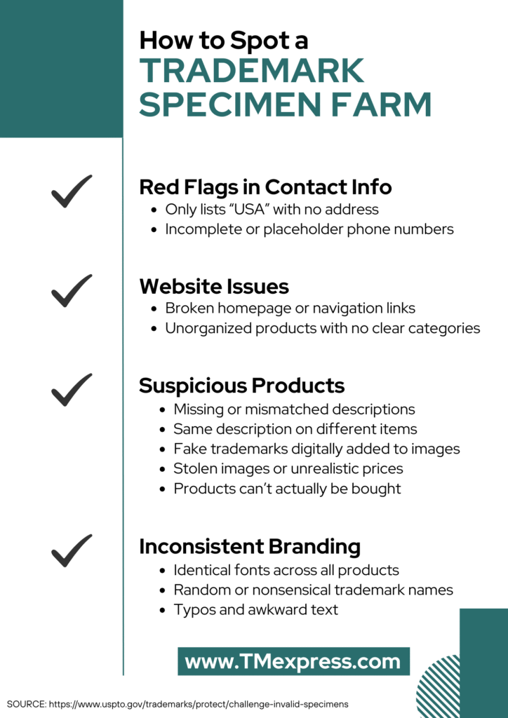 Infographic showing how to identify a specimen farm, including red flags in contact info, website problems, suspicious products, and inconsistent branding