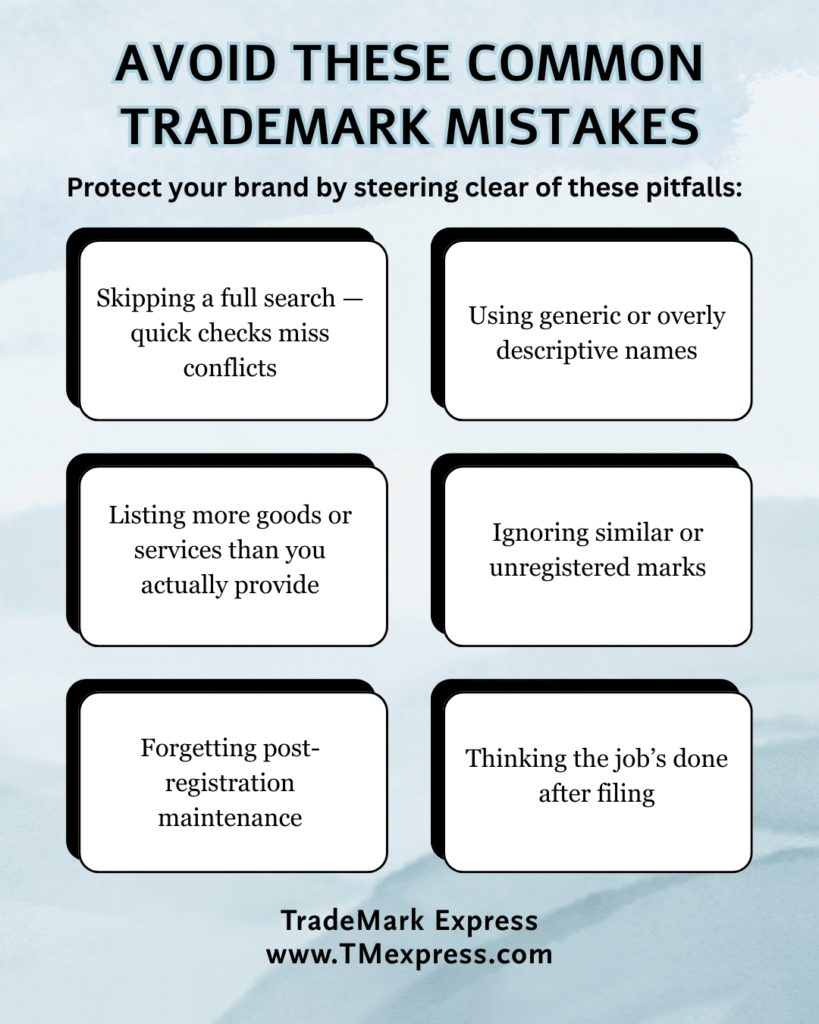 Graphic titled “Avoid These Common Trademark Mistakes” listing key pitfalls businesses should avoid when registering a trademark