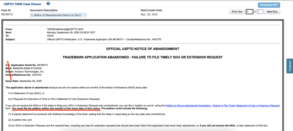 Graphic showing an example of a Notice of Abandonment with the issue date and deadline highlighted