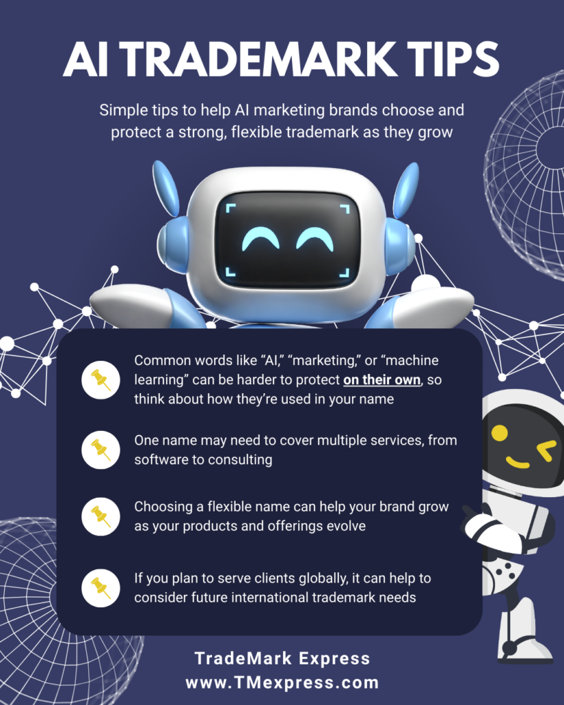 Graphic with trademark tips for AI marketing brands: using common words may be harder to protect, covering multiple services, flexible names, and planning for international trademarks