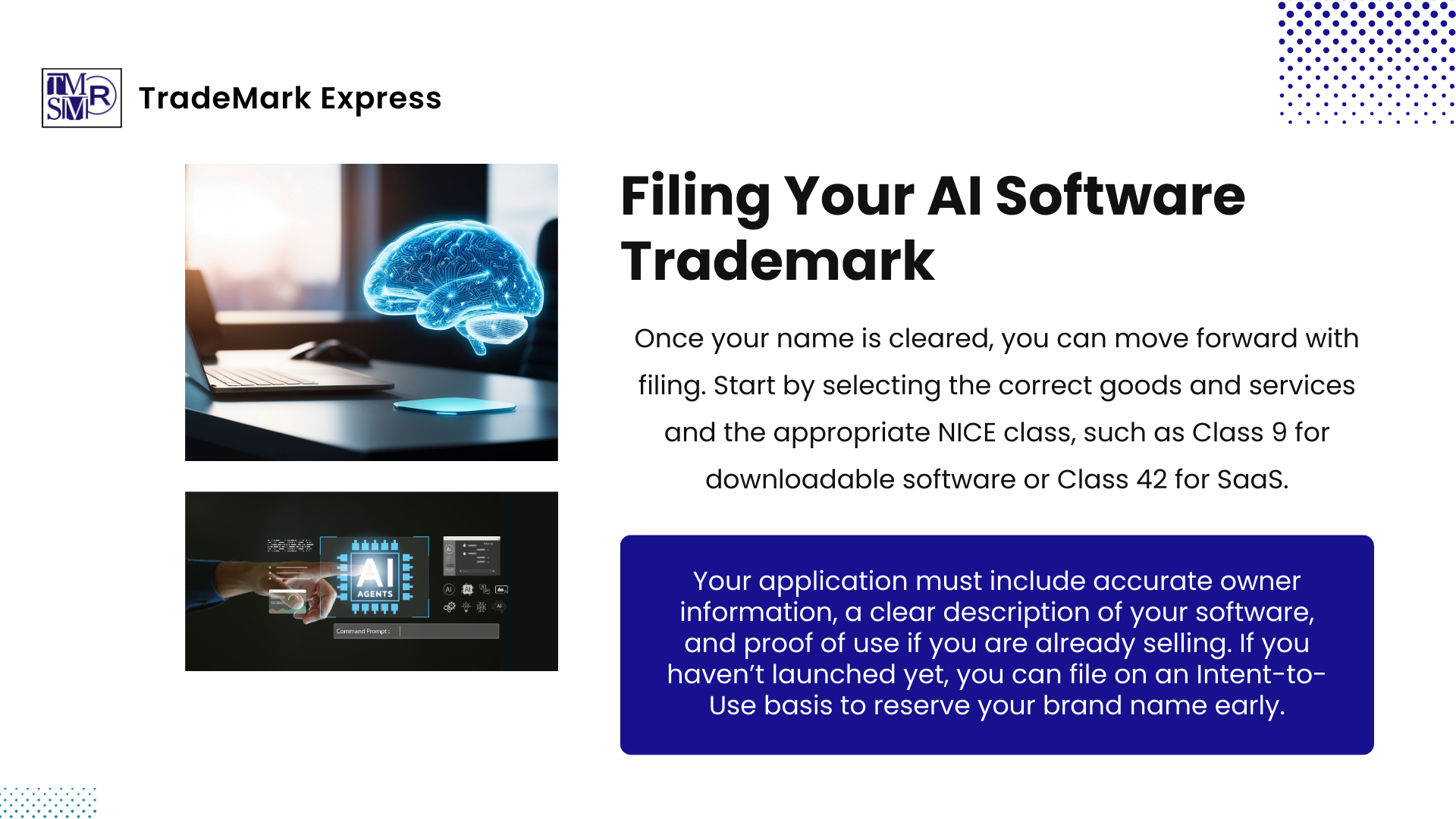 Graphic explaining filing an AI software trademark, including class selection, proof of use, and ITU vs Use in Commerce