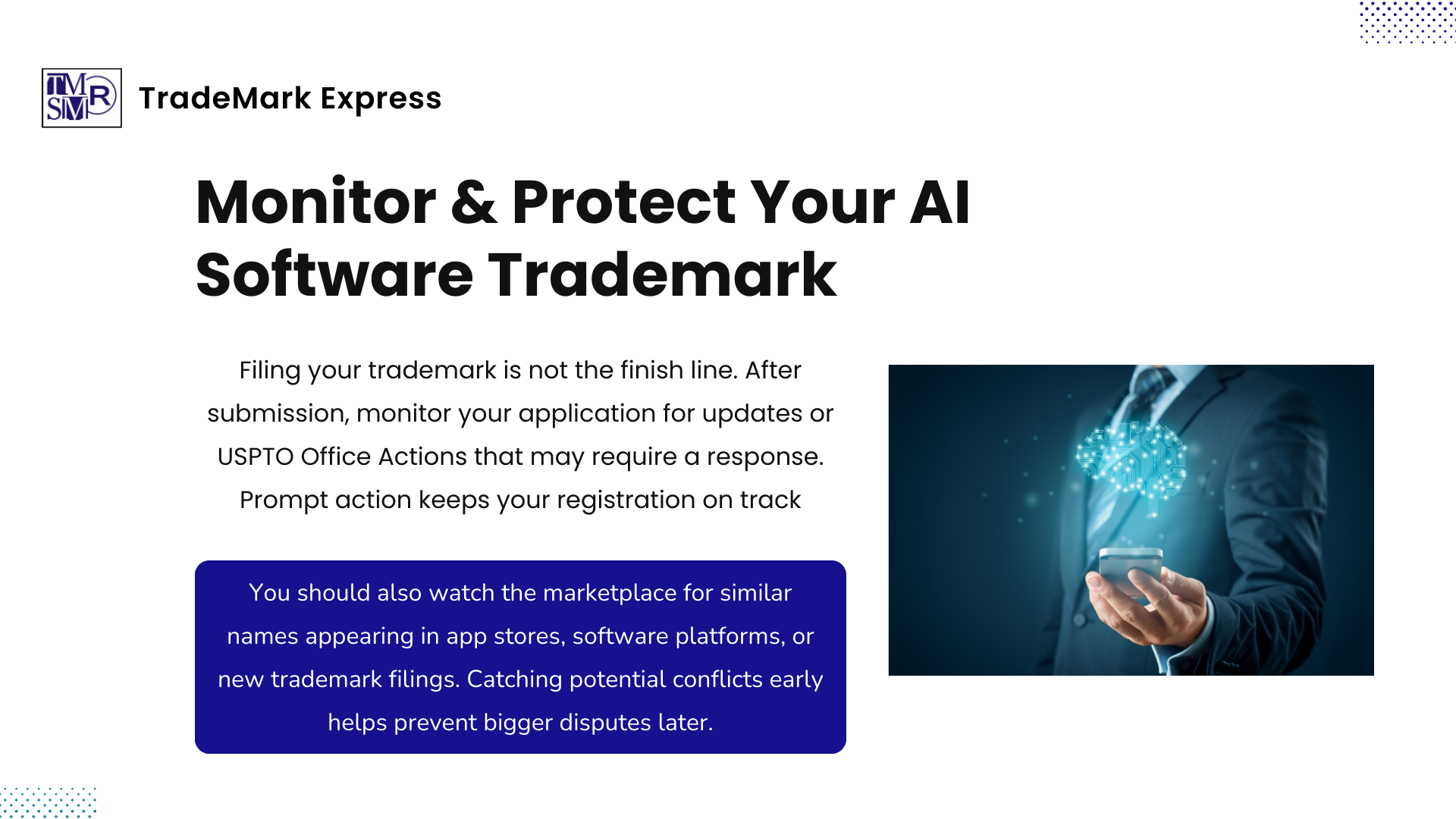 Graphic advising AI software brands to monitor their trademark applications and watch for potential infringers