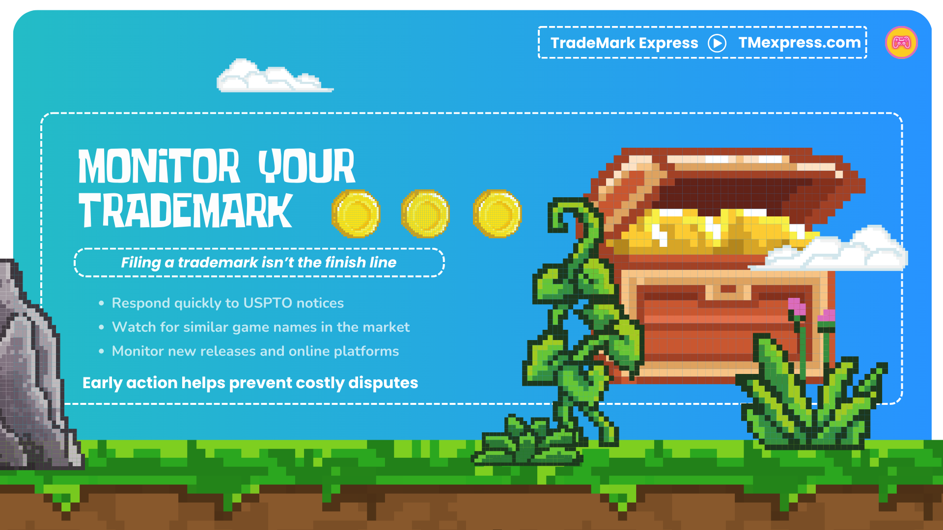 Infographic emphasizing the importance of monitoring a trademark application and watching for similar game names