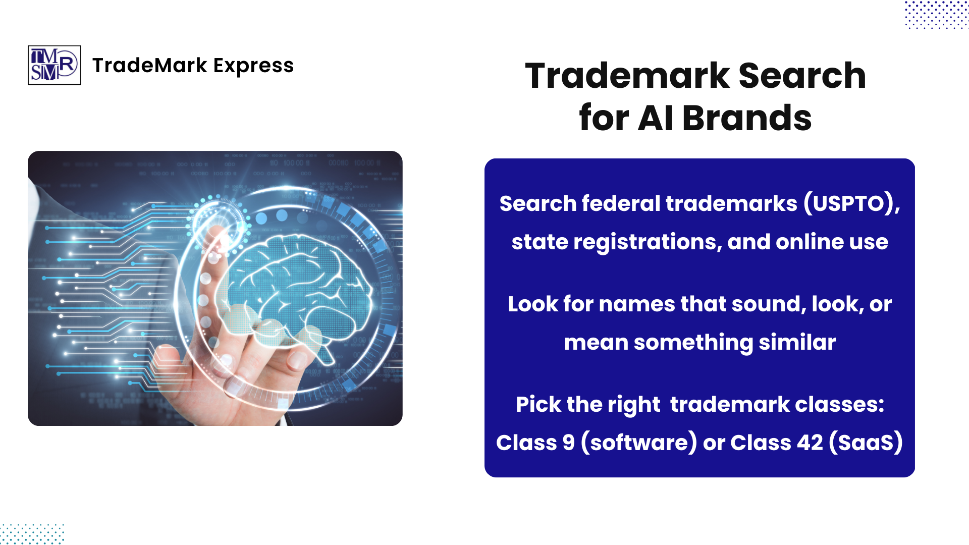 Graphic showing that AI software brands should search federal, state, and online trademarks and choose the correct classification