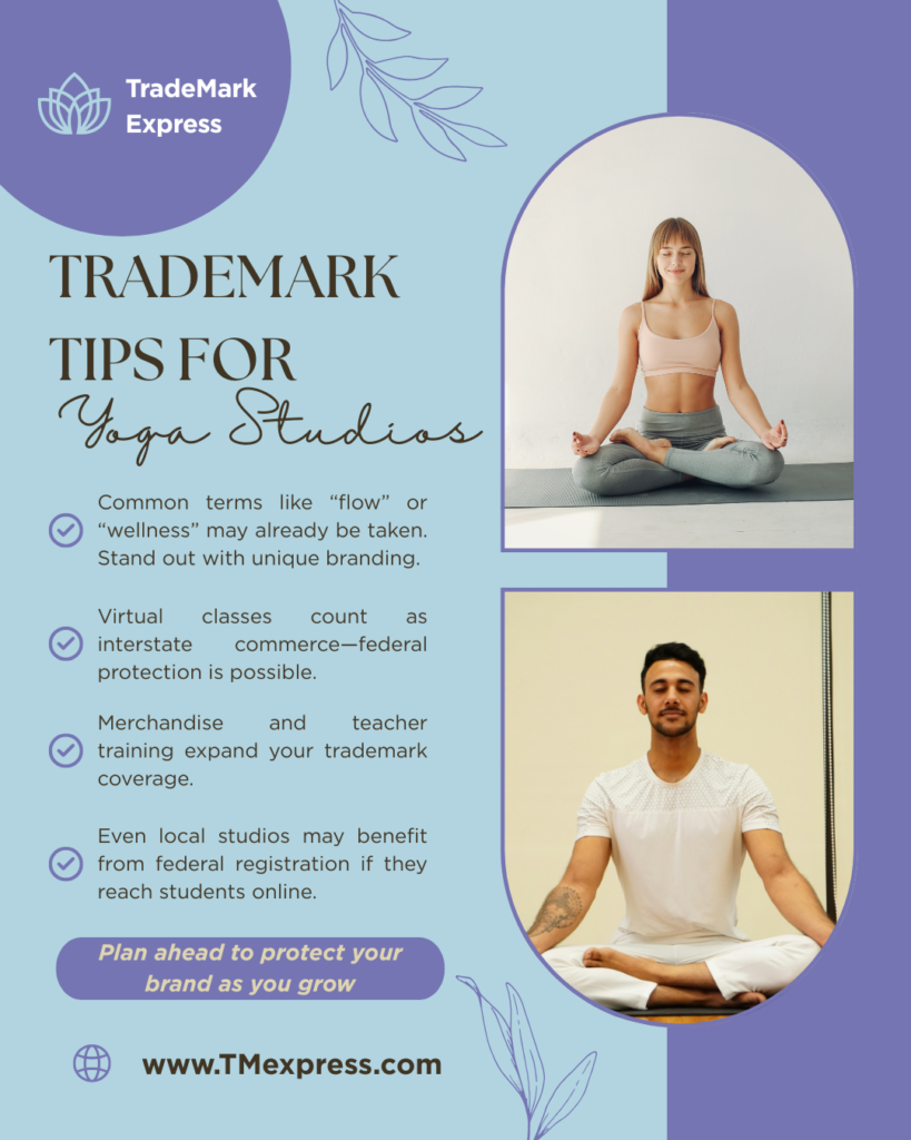 Key trademark tips for yoga studios, covering unique branding, online classes, merchandise, teacher training, and federal registration considerations