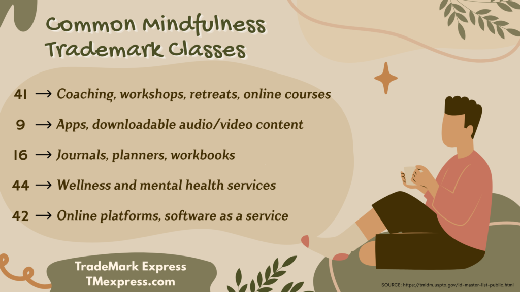 Infographic titled "Common Mindfulness Trademark Classes" that lists USPTO NICE classes relevant to mindfulness businesses.
