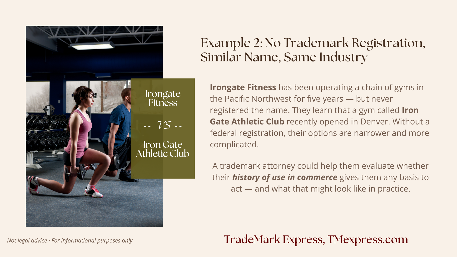 Infographic illustrating how operating without a federal trademark registration limits a business's options when a similar name appears in the same industry