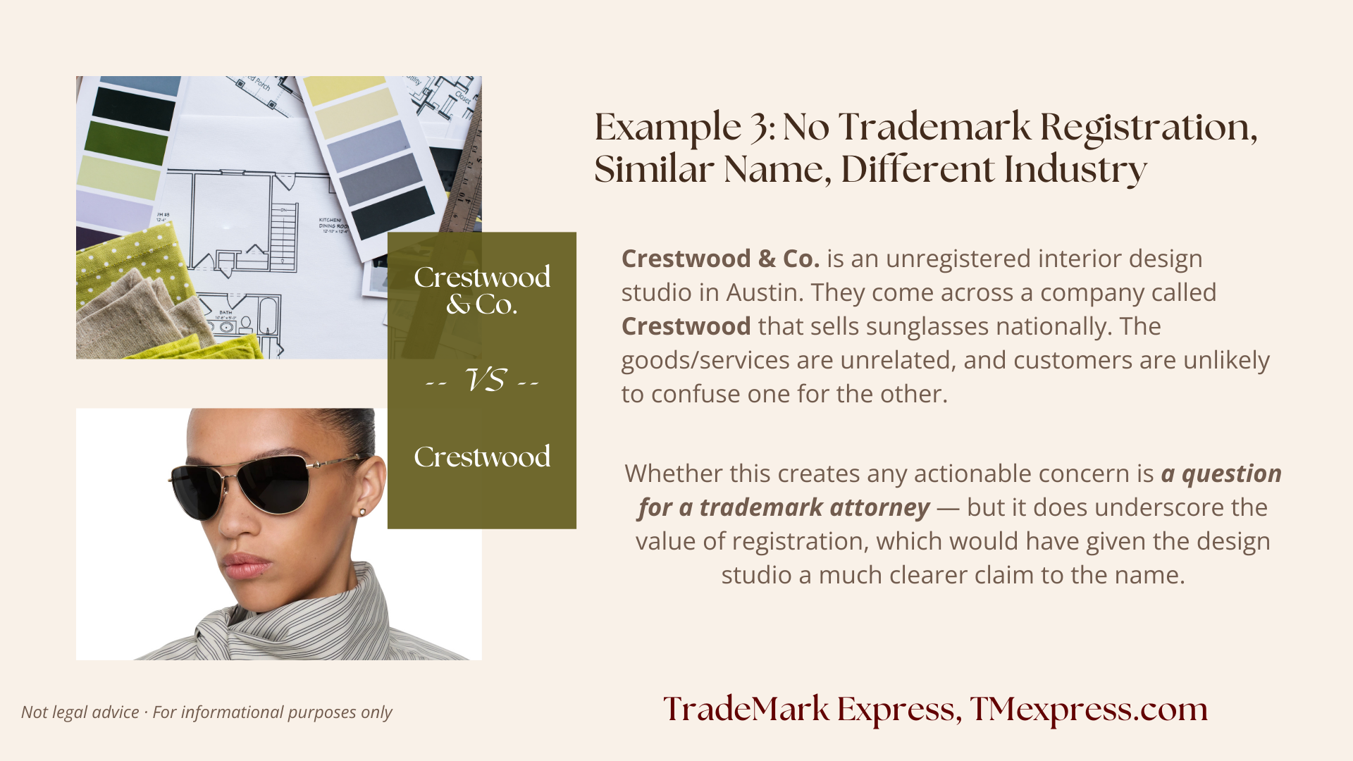 Infographic illustrating how a similar name in a different industry affects an unregistered brand and why federal trademark registration matters even when customer confusion seems unlikely