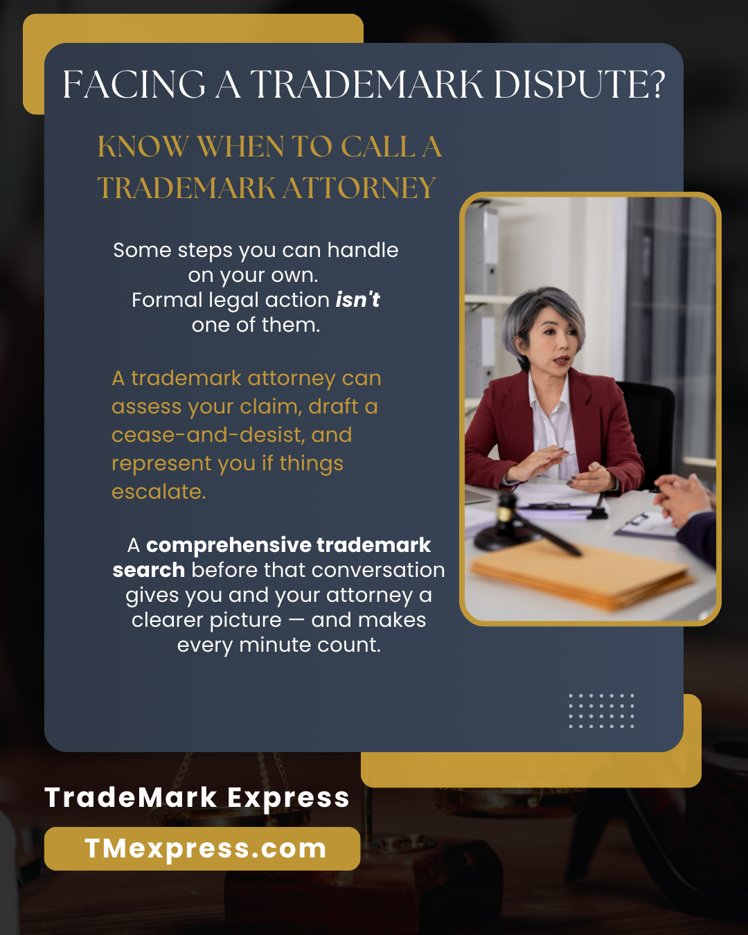 Infographic advising trademark owners to consult an attorney before taking formal action, and explaining how a comprehensive trademark search can make that consultation more productive