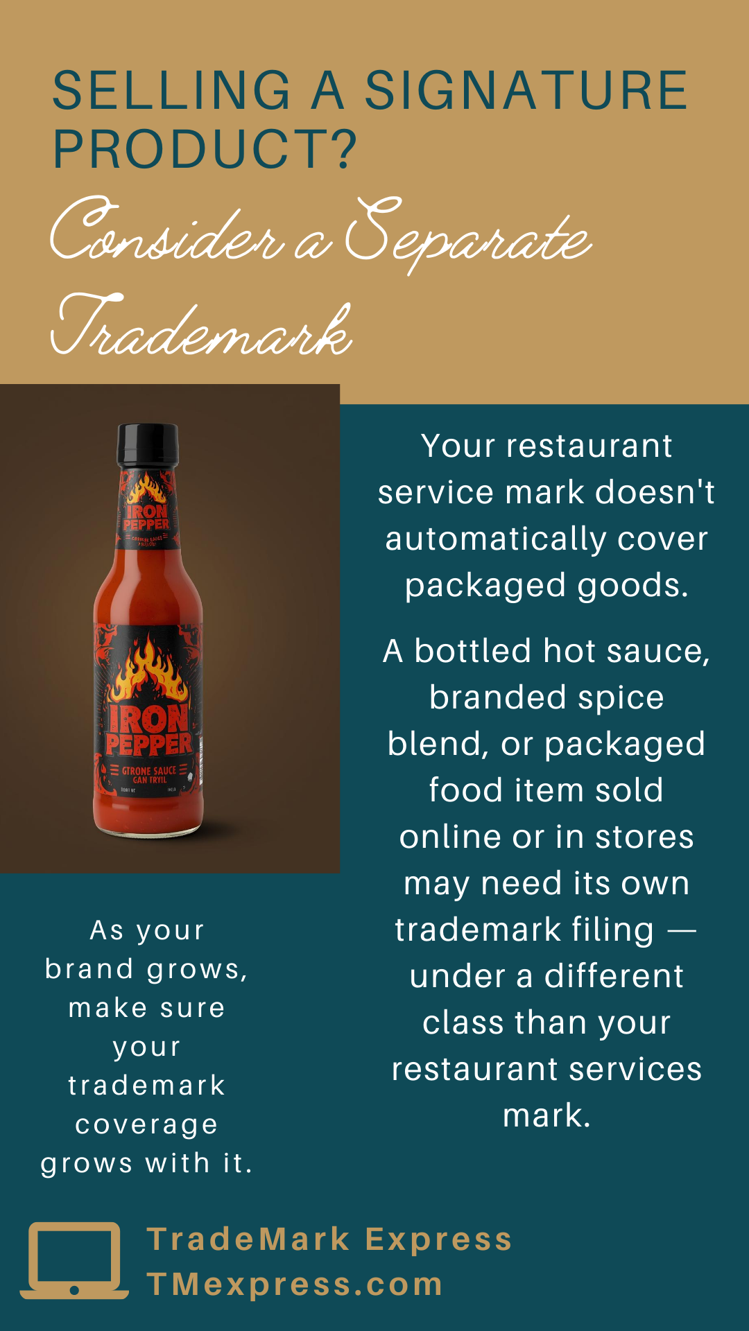 Graphic explaining that restaurant owners who sell packaged food products may need a separate trademark filing beyond their restaurant services mark