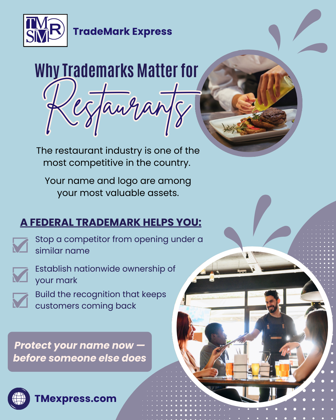 Graphic listing three reasons restaurant owners should register a federal trademark to protect their restaurant name and logo