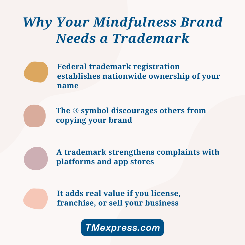 Infographic listing four reasons mindfulness business owners benefit from federal trademark registration, including brand ownership and business value.