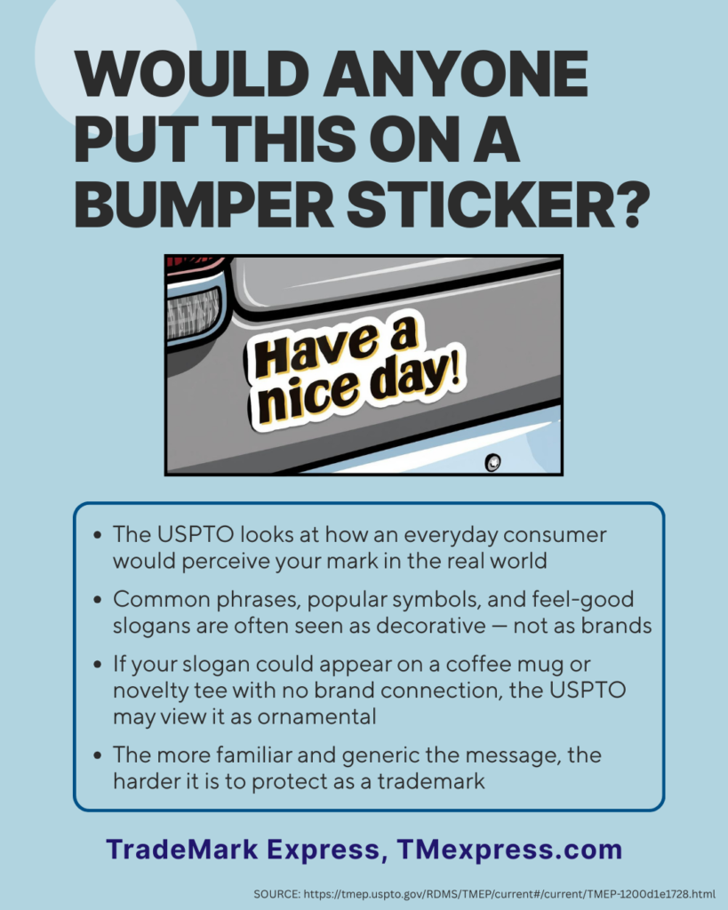 Infographic explaining how the USPTO evaluates the overall commercial impression of a trademark, noting that common phrases and widely used symbols are often considered decorative rather than brand identifiers