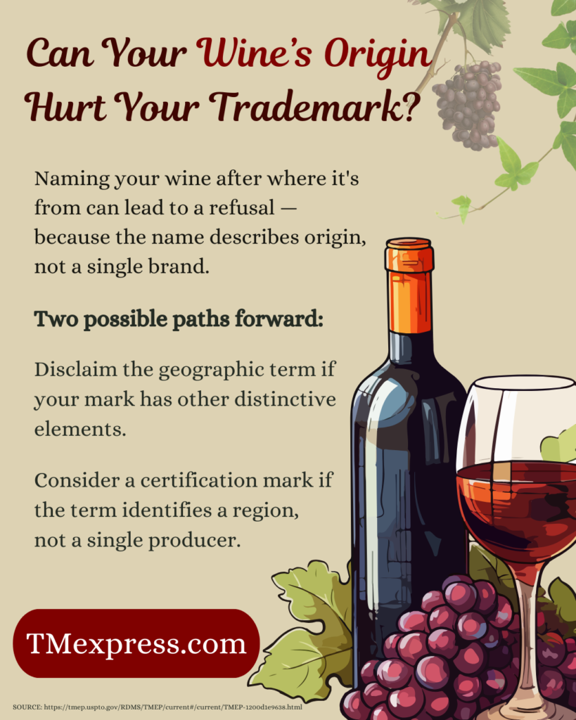 Infographic explaining why a geographically accurate wine brand name may still face a USPTO trademark refusal