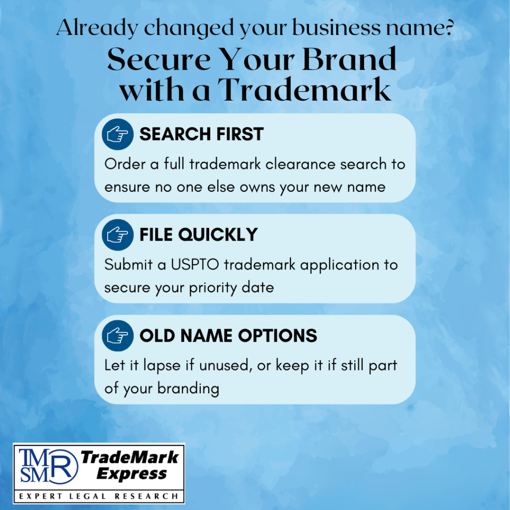 Illustration showing steps to protect a new business name with a trademark: search, file, and manage old name