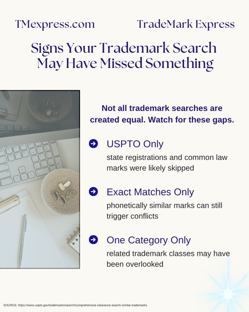 A list graphic outlining three common trademark search gaps that can leave brand owners exposed to conflicts.