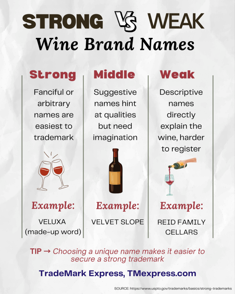 Illustration showing examples of strong, suggestive, and descriptive wine brand names with VELUXA, VELVET SLOPE, and REID FAMILY CELLARS
