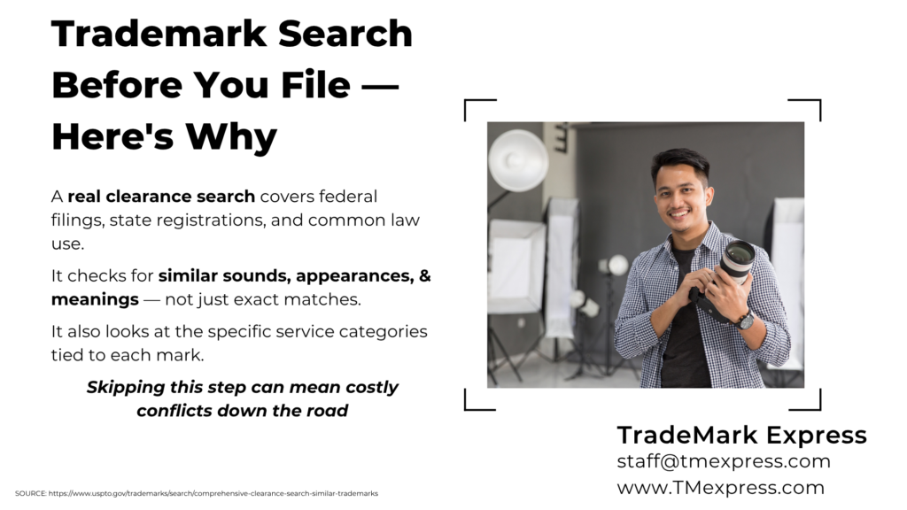 Graphic explaining what a comprehensive trademark clearance search covers for photography businesses