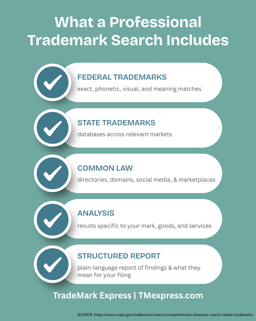 Infographic listing what a professional trademark search covers, from federal and state databases to common law sources