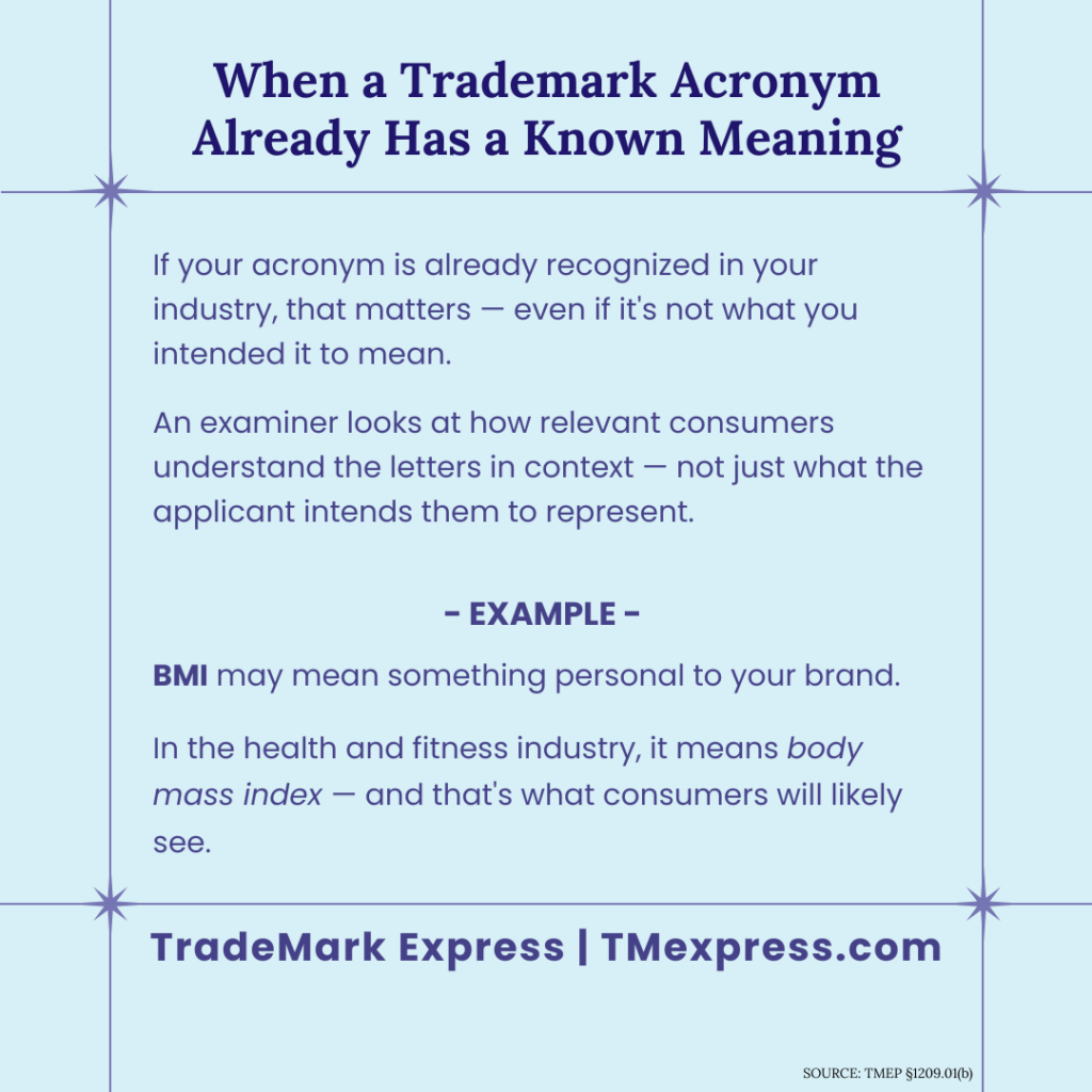 Tip card explaining that a trademark acronym with an established industry meaning may face a descriptiveness refusal at the USPTO