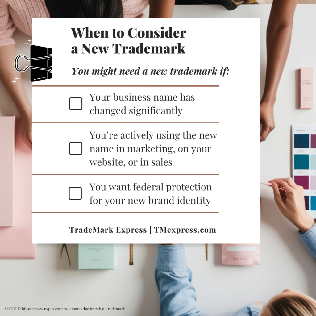 Graphic listing three situations when a business might file a new trademark after changing its name