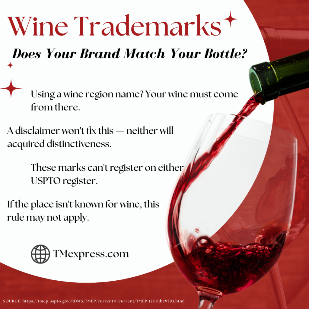 Infographic explaining when a geographic wine brand name can be refused trademark registration by the USPTO