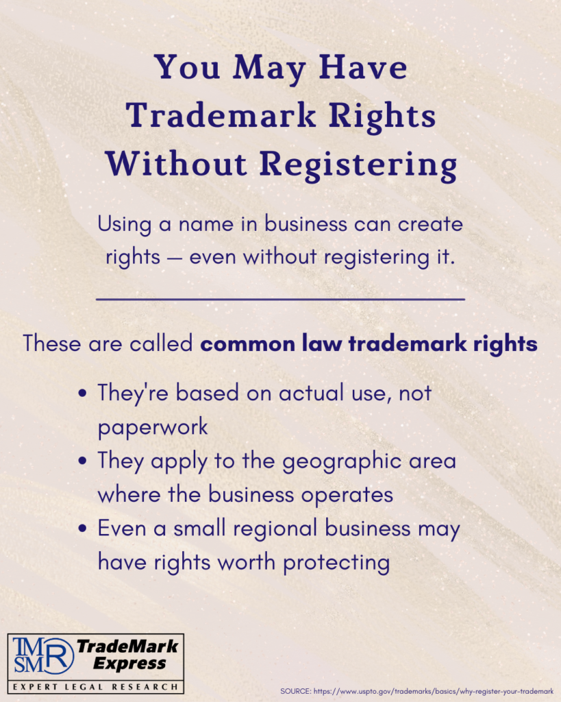 Definition card explaining common law trademark rights arise from business use, even without a federal trademark registration