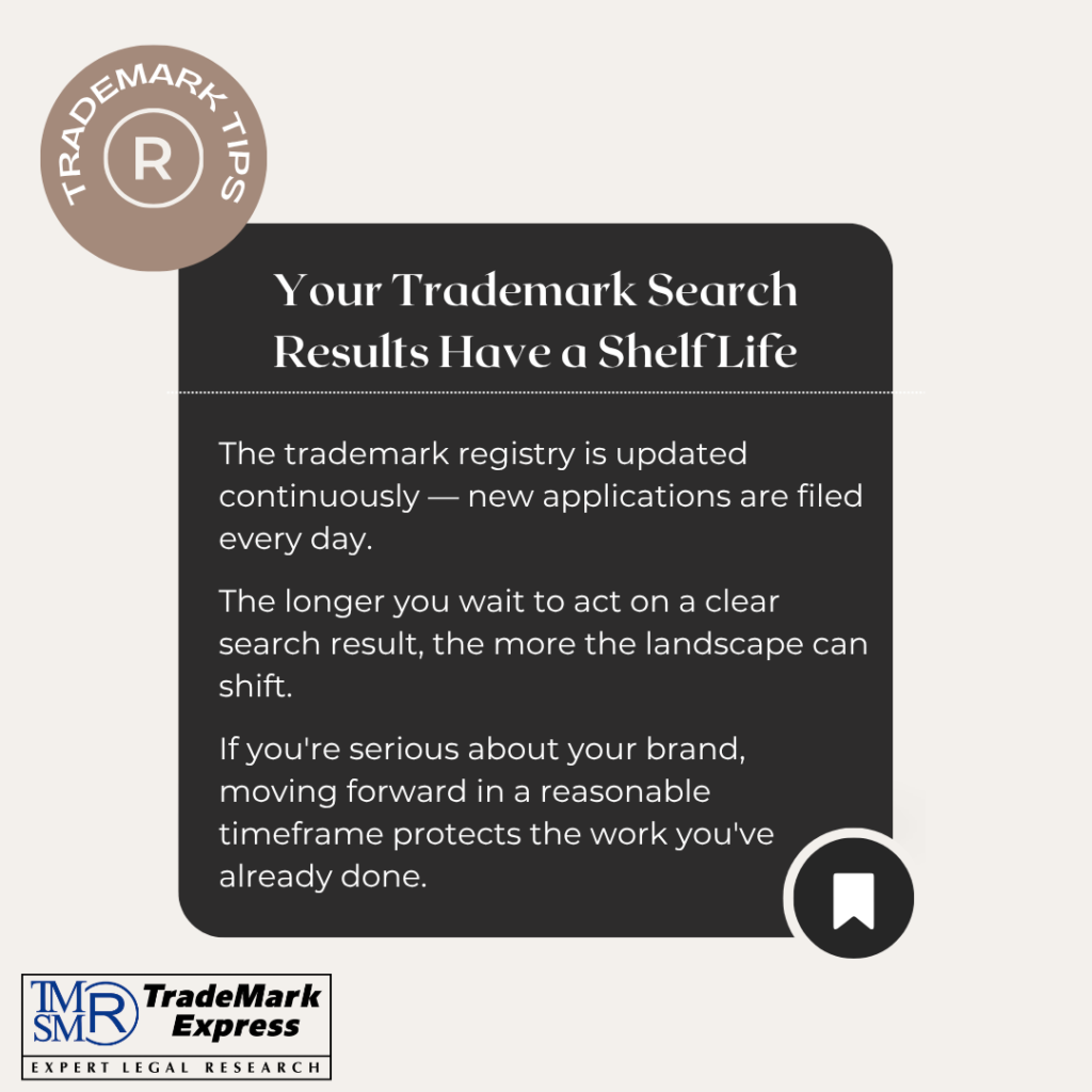 Tip card reminding small business owners that trademark search results have a shelf life and acting promptly protects their brand.