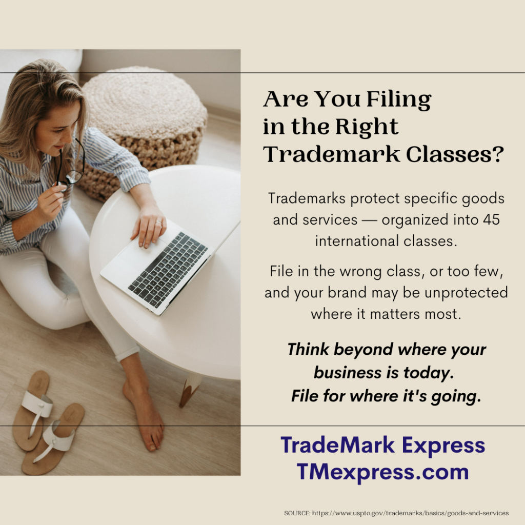 Tip card advising business owners to consider future growth when selecting trademark classes before filing an application