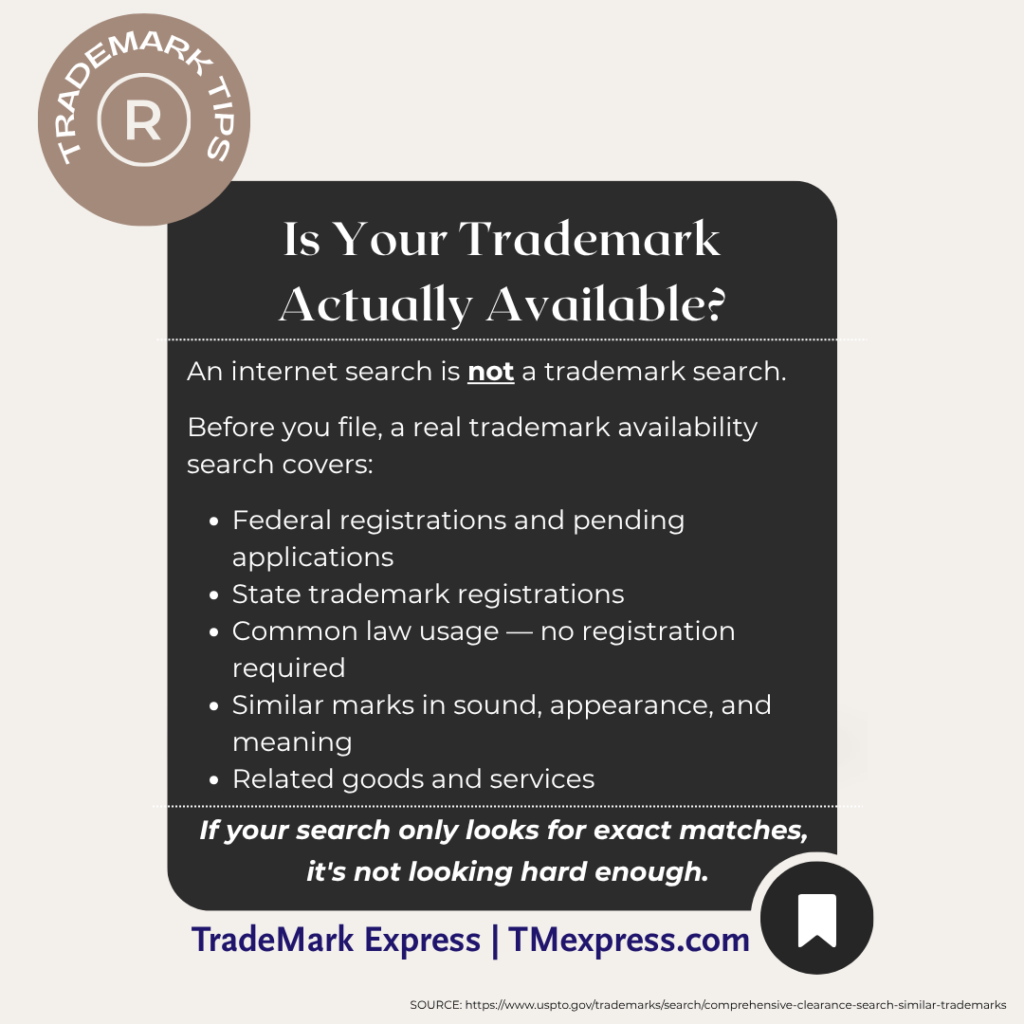 Tip card listing five elements of a comprehensive trademark availability search, including federal records, state filings, and common law usage
