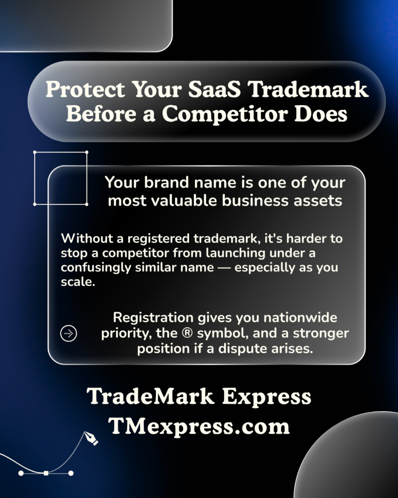 Tip card on why SaaS companies should register a trademark to protect their brand name before a competitor does