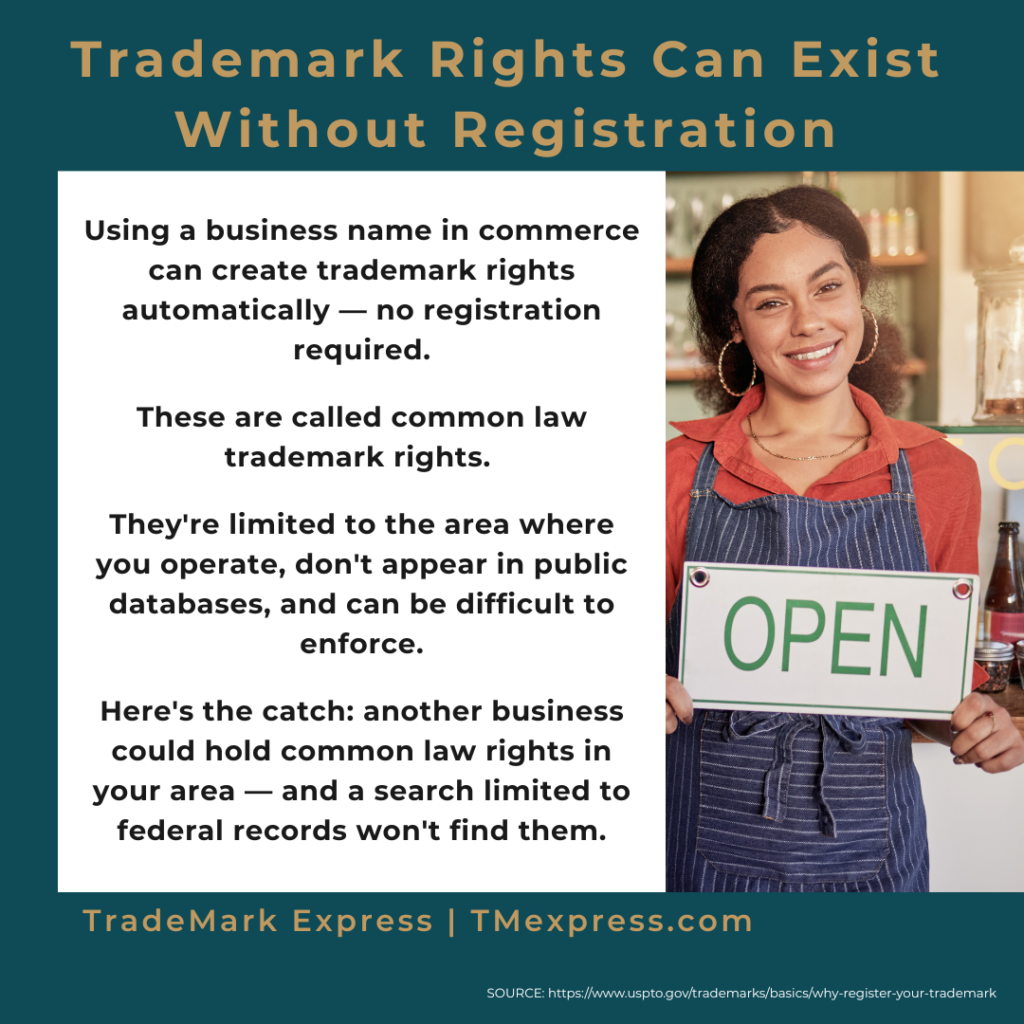 Tip card explaining that common law trademark rights arise from use alone and may not appear in federal trademark search results