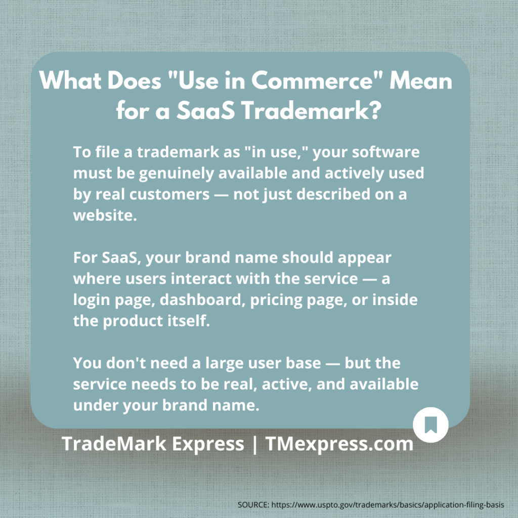 Tip card explaining use in commerce requirements for a SaaS trademark application