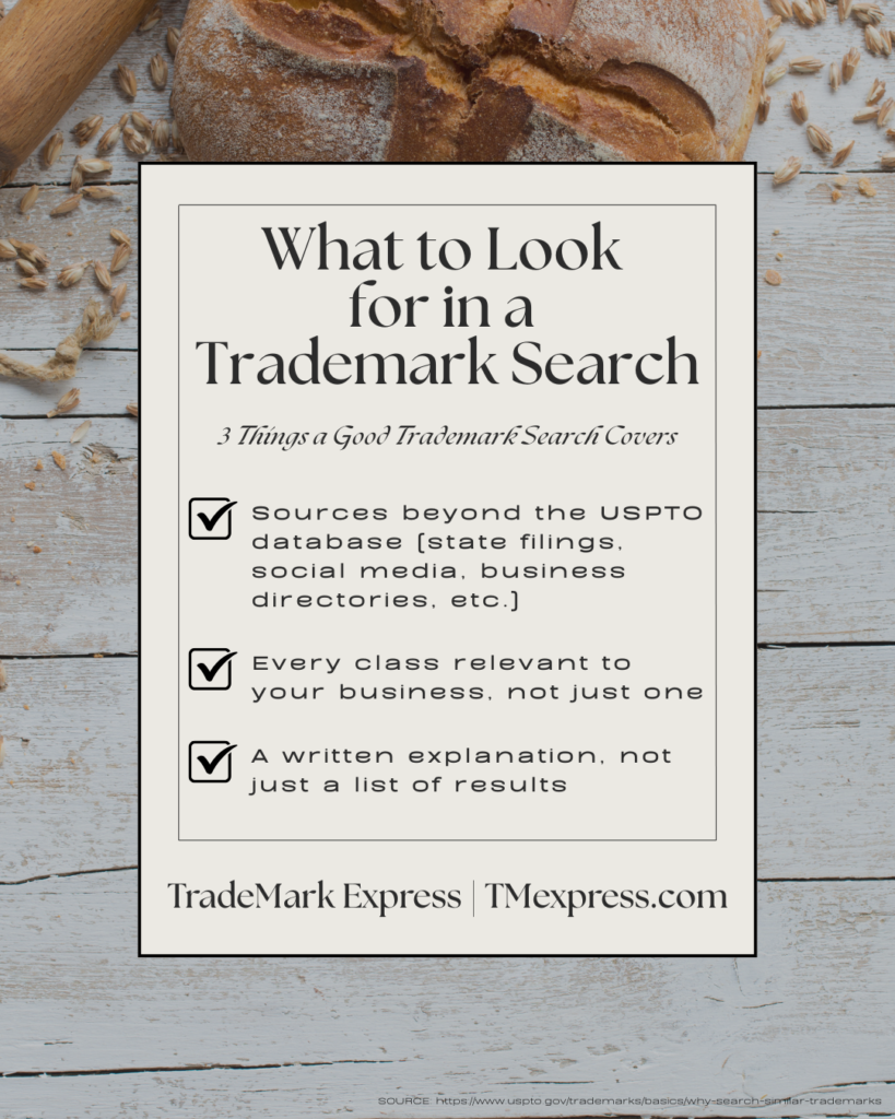List graphic outlining three criteria for choosing a comprehensive trademark search service