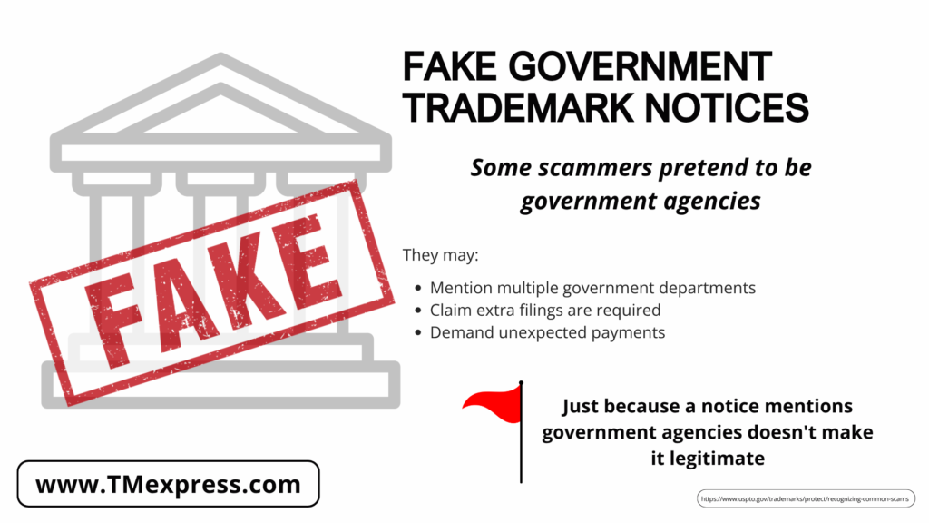 Graphic warning that scammers may impersonate government agencies and falsely claim additional trademark requirements