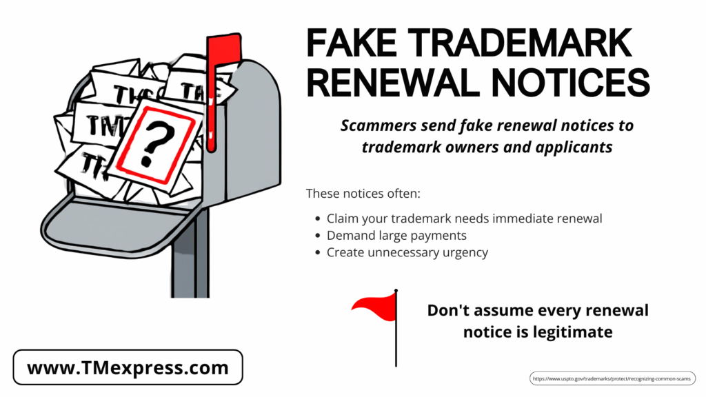 Graphic warning that fake trademark renewal notices often demand immediate payment and use urgency to trick trademark owners