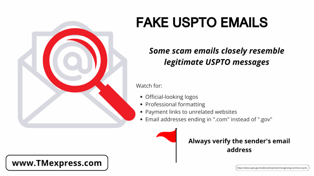 Graphic explaining that fake USPTO emails often use official-looking branding but come from non-government email addresses
