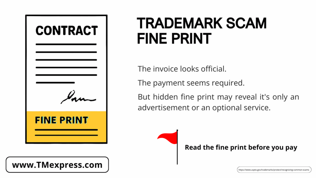 Graphic warning that fine print on trademark scam invoices may reveal the document is only an advertisement or offer for optional services